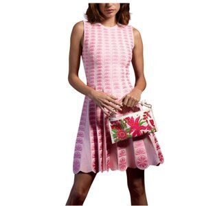 Lela Rose Lemon Wedge Linear Mini Dress Womens XS Pink Crew Neck Sleeveless Knit